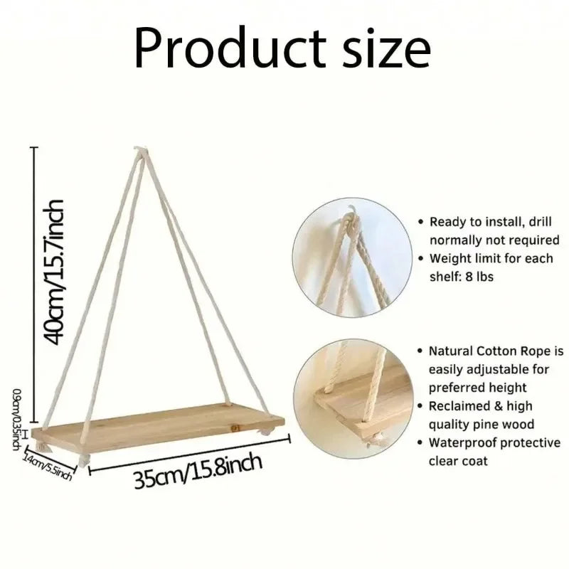 Wooden Hanging Rope Swing Shelf – Floating Wall Storage