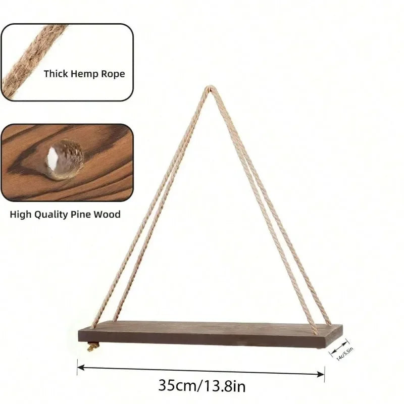 Wooden Hanging Rope Swing Shelf – Floating Wall Storage