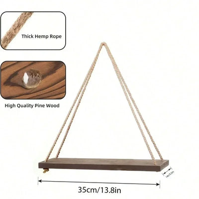 Wooden Hanging Rope Swing Shelf – Floating Wall Storage
