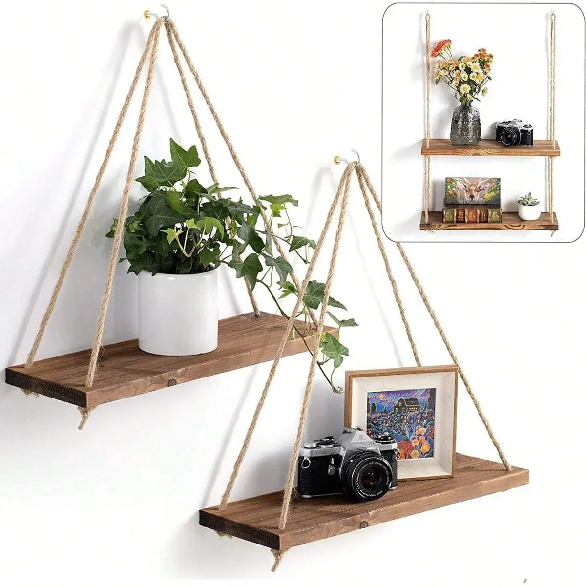Wooden Hanging Rope Swing Shelf – Floating Wall Storage