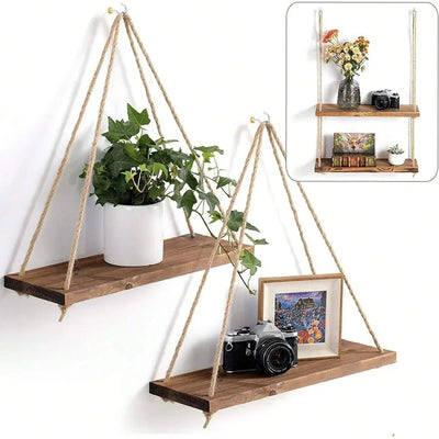 Wooden Hanging Rope Swing Shelf – Floating Wall Storage
