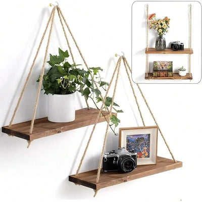 Wooden Hanging Rope Swing Shelf – Floating Wall Storage
