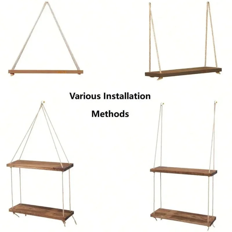 Wooden Hanging Rope Swing Shelf – Floating Wall Storage