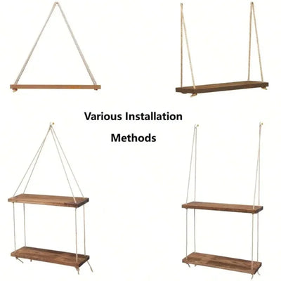 Wooden Hanging Rope Swing Shelf – Floating Wall Storage