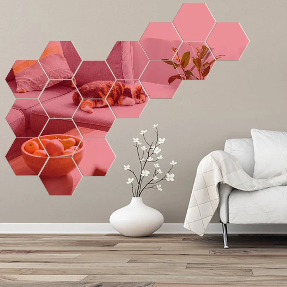 3D Hexagon Mirror Wall Stickers – Rose Gold
