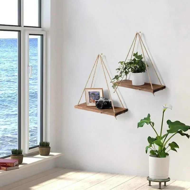 Wooden Hanging Rope Swing Shelf – Floating Wall Storage