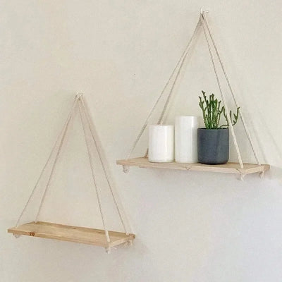 Wooden Hanging Rope Swing Shelf – Floating Wall Storage