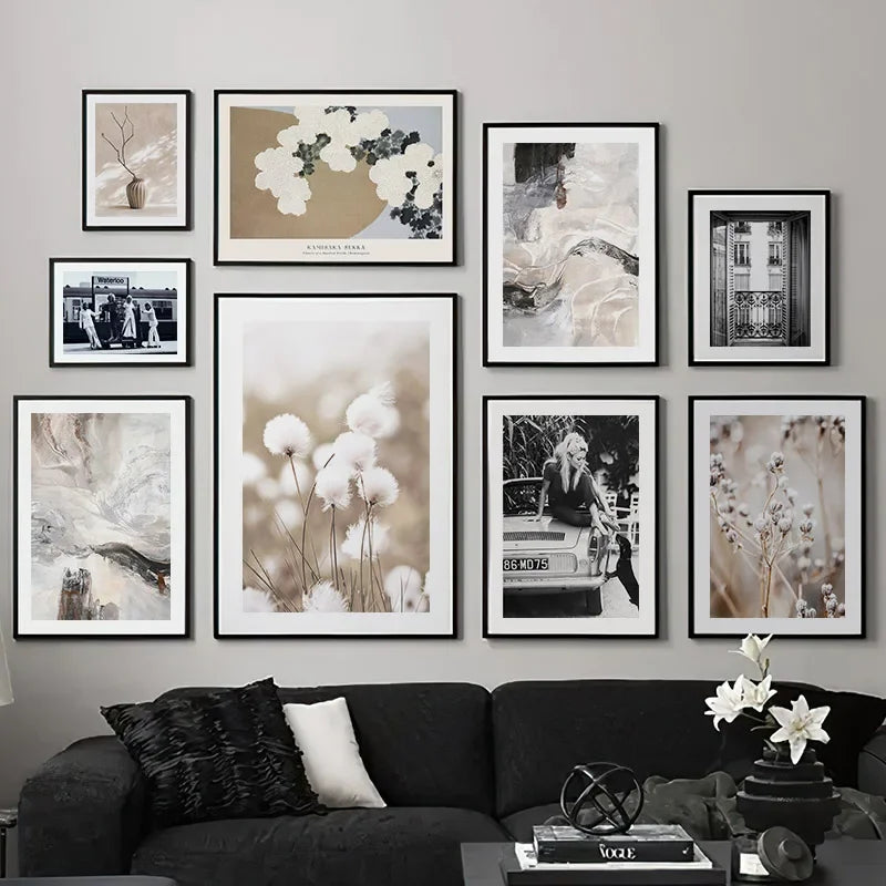 Beige White Flower Abstract Wall Art